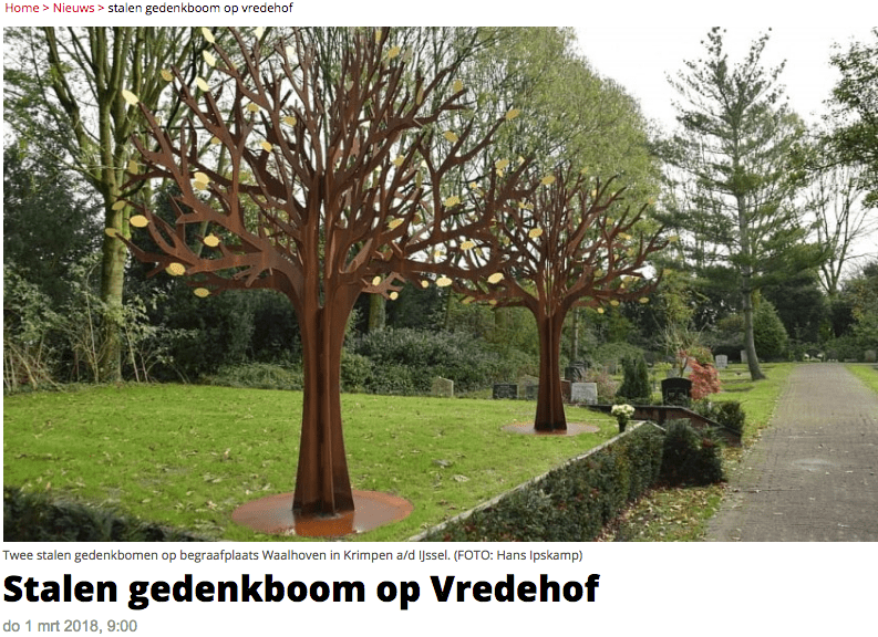 Cortenstalen gedenkboom op begraafplaats Waalhoven 1